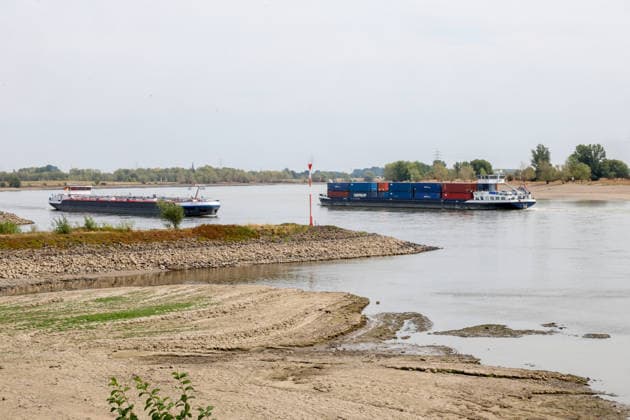 Niedriger Rheinpegel am Pegel Rees Für den 03.08.2026 wurde durch die Wasserstraßen- und Schifffahrtsverwaltung des Bundes ein Pegelstand von 32 cm veröffentlicht. Für die Binnenschifffahrt stellt der niedrige Pegel ein Problem dar. Sinkt er zu weit ab, dürfen Schiffe nicht mehr voll Rees, Nordrhein-Westfalen, DEU, Deutschland, 03.08.2026 *** Low Rhine Water Level at the Rees Gauge Station: The Federal Waterways and Shipping Administration published a water level of 32 cm for August 3, 2026. The low water level poses a problem for inland waterway shipping. If it drops too low, vessels will no longer be allowed to carry a full load. Rees, North Rhine-Westphalia, DEU, Germany, August 3, 2026