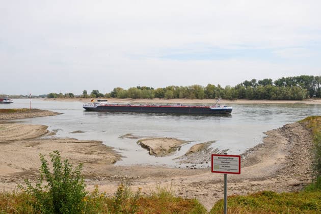 Niedriger Rheinpegel am Pegel Rees Für den 03.08.2026 wurde durch die Wasserstraßen- und Schifffahrtsverwaltung des Bundes ein Pegelstand von 32 cm veröffentlicht. Für die Binnenschifffahrt stellt der niedrige Pegel ein Problem dar. Sinkt er zu weit ab, dürfen Schiffe nicht mehr voll Rees, Nordrhein-Westfalen, DEU, Deutschland, 03.08.2026 *** Low Rhine Water Level at the Rees Gauge Station: The Federal Waterways and Shipping Administration published a water level of 32 cm for August 3, 2026. The low water level poses a problem for inland waterway shipping. If it drops too low, vessels will no longer be allowed to carry a full load. Rees, North Rhine-Westphalia, DEU, Germany, August 3, 2026
