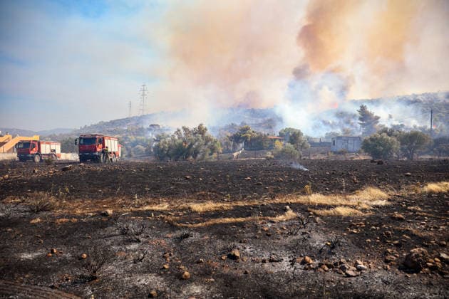 Wildfire in Greece s Megara region MEGARA, GREECE - AUGUST 3: Firefighters operate on the ground as a wildfire continues to burn for a third consecutive day in the Megara region, west of Athens, Greece on August 3, 2026. Emergency services are working to contain the blaze amid challenging weather conditions across the area. Aris Oikonomou Anadolu Megara Greece. Editorial use only. Please get in touch for any other usage.  Copyright: x2026xAnadoluxArisxOikonomoux