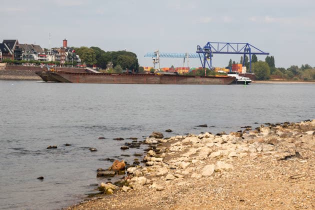 Niedriger Rheinpegel am Pegel Emmerich. Für den 03.08.2026 wurde durch die Wasserstraßen- und Schifffahrtsverwaltung des Bundes ein Pegelstand von -6 cm veröffentlicht. Für die Binnenschifffahrt stellt der niedrige Pegel ein Problem dar. Sinkt er zu weit ab, dürfen Schiffe nicht mehr voll beladen werden. Binnenschiff auf dem Rhein vor Emmerich. Emmerich am Rhein, Nordrhein-Westfalen, DEU, Deutschland, 03.08.2026 *** Low Rhine water level at the Emmerich gauge. The Federal Waterways and Shipping Administration published a water level of 6 cm for August 3, 2026. The low water level poses a problem for inland waterway shipping. If it drops too far, ships are no longer allowed to be fully loaded. An inland waterway vessel on the Rhine near