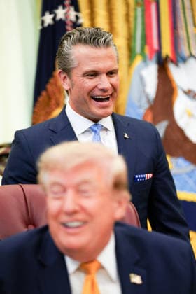 Secretary of Defense Pete Hegseth looks on as President Donald Trump announces an executive order establishing the Presidential Military Spouse Commission in the Oval Office at the White House in Washington, DC on Monday, August 3, 2026. The advisory board, led by Jennifer Hegseth, will focus on key quality-of-life areas for military families including employment, childcare, housing, healthcare, and education.  WASP20260803120 AllisonxRobbert