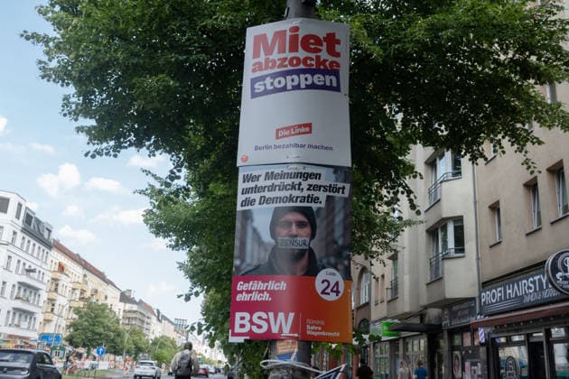 Berlin, Wahl, AGH, BVV, Plakate Berlin, Wahl, zum Abgeordnetenhaus und den Bezirksverordnetenversammlungen, AGH, BVV, Plakate, Die Linke, BSW Berlin Berlin GER *** Berlin, Election, AGH, BVV, Posters Berlin, Election, for the House of Representatives and the District Councils, AGH, BVV, Posters, Die Linke, BSW Berlin Berlin GER