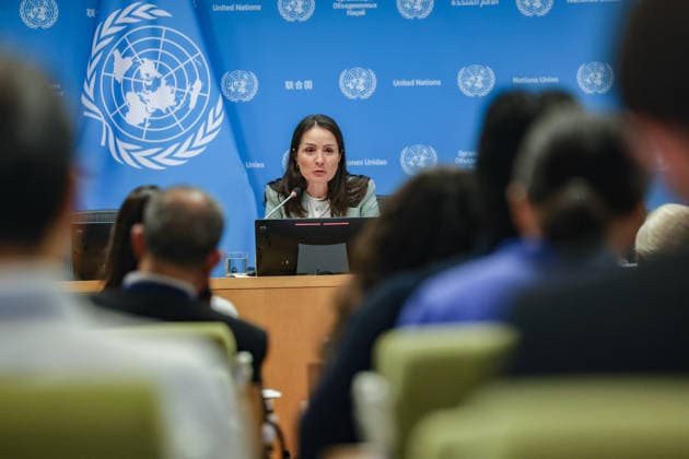 August 3, 2026, New York, New York, United States: Seen through seated journalists, CHRISTINA MARKUS LASSEN, Permanent Representative of Denmark to the United Nations, briefs reporters at UNHQ following the start of DenmarkÃ¢â‚¬â ¢s Security Council presidency for the month of August. LASSEN took questions on the Middle East, DenmarkÃ¢â‚¬â ¢s approach to Ukraine, the second United Nations Secretary-General straw poll later this month, DenmarkÃ¢â‚¬â ¢s joint focus point with Bahrain, and Greenland. New York United States  - ZUMAo116 20260803_znp_o116_006 Copyright: xBiancaxOterox