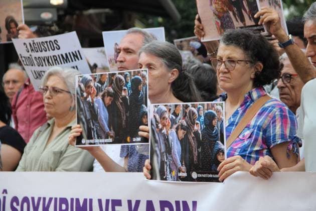 Yazidi Genocide Anniversary Commemorated in Ä°zmir Ä°ZMÄ°R, Türkiye August 3, 2026: Members of the DEM Party Women™s Assembly and the Free Women™s Movement (Tevgera JinÃªn Azad) hold a press statement in Alsancak to mark the 12th anniversary of the ISIS attack on the Yazidi community in Sinjar, Iraq. Participants display photographs of Yazidi women who were killed, abducted, or subjected to sexual slavery during the 2014 attacks, commemorating victims of atrocities recognized by the United Nations and the European Parliament as genocide. Izmir Türkiye Copyright: x xNagihanxCakirx xJNAxPressx