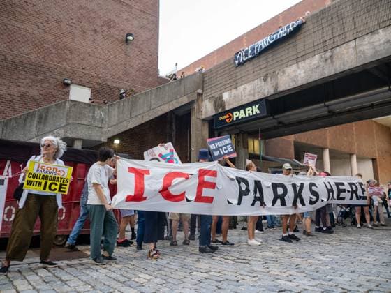 August 3, 2026, New York, New York, USA: Sign reads ICE Parks Here in a Rise & Resist protests against icon Parking holding a fleet of their vehicles in one of itÃ¢â‚¬â ¢s garages in Tribeca, NYC. New York USA  - ZUMAc266 20260803_znp_c266_005 Copyright: xCarlosxChiossonex