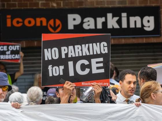 August 3, 2026, New York, New York, USA: Sign reads No Parking for ICE in a Rise & Resist protests against icon Parking holding a fleet of their vehicles in one of itÃ¢â‚¬â ¢s garages in Tribeca, NYC. New York USA  - ZUMAc266 20260803_znp_c266_008 Copyright: xCarlosxChiossonex