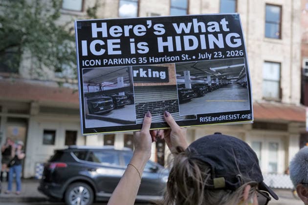 August 3, 2026, New York, New York, USA: Tribeca residents and supporters demonstrate against ICE vehicles parking at ICON Parking garage.on Harrison Street in IPN Plaza Tribeca. It is believed the garage holds a fleet of new unlicensed SUV s.the type ICE uses in their arrest deportation operations. The garage is close to their offices at 26 Federal Plaza and the .ICE Field Offices on Varick Street. New York USA - ZUMAh156 20260803_znp_h156_011 Copyright: xMiloxHessx