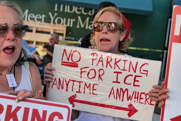 August 3, 2026, New York, New York, USA: Tribeca residents and supporters demonstrate against ICE vehicles parking at ICON Parking garage.on Harrison Street in IPN Plaza Tribeca. It is believed the garage holds a fleet of new unlicensed SUV s.the type ICE uses in their arrest deportation operations. The garage is close to their offices at 26 Federal Plaza and the .ICE Field Offices on Varick Street. New York USA - ZUMAh156 20260803_znp_h156_013 Copyright: xMiloxHessx