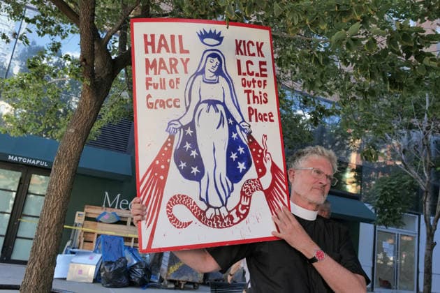 August 3, 2026, New York, New York, USA: Tribeca residents and supporters demonstrate against ICE vehicles parking at ICON Parking garage.on Harrison Street in IPN Plaza Tribeca. It is believed the garage holds a fleet of new unlicensed SUV s.the type ICE uses in their arrest deportation operations. The garage is close to their offices at 26 Federal Plaza and the .ICE Field Offices on Varick Street. New York USA - ZUMAh156 20260803_znp_h156_014 Copyright: xMiloxHessx