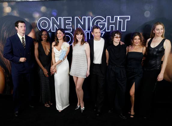 Callum Turner, Ziwe Fumudoh, Monica Barbaro, Molly Ringwald, Will Gluck, King Princess, Jacqueline Monetta and Este Haim arrive on the red carpet at the One Night Only New York Premiere at SVA Theater on Monday, August 3, 2026 in New York City.  NYP20260803146 JOHNxANGELILLO
