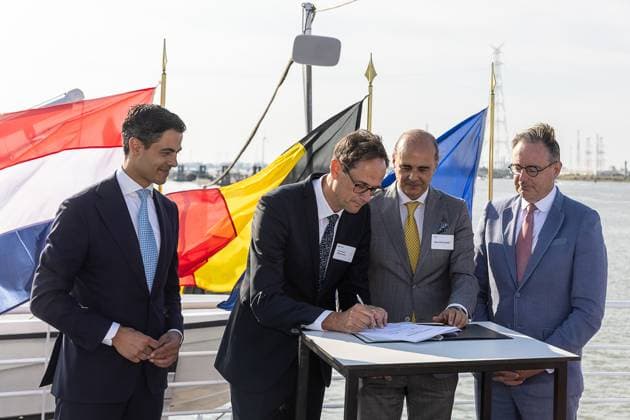 Netherlands Prime Minister Rob Jetten, Executive Director Tennet Nederland, Jan-Paul Dijckmans, Elia Group CEO Bernard Gustin and Belgium s Prime Minister Bart De Wever pictured during the launch of the Brabo project and the signing of a cooperation agreement between Elia and TenneT, who both operate the electricity transmission network in Belgian and in the Netherlands, Tuesday 04 August 2026.  JAMESxARTHURxGEKIERE 182726061