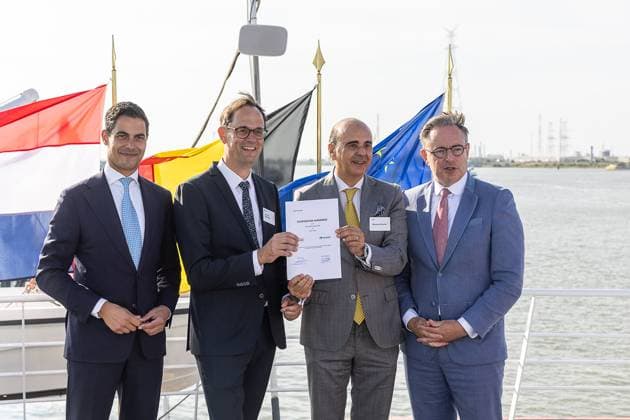 Netherlands Prime Minister Rob Jetten, Executive Director Tennet Nederland, Jan-Paul Dijckmans, Elia Group CEO Bernard Gustin and Belgium s Prime Minister Bart De Wever pictured during the launch of the Brabo project and the signing of a cooperation agreement between Elia and TenneT, who both operate the electricity transmission network in Belgian and in the Netherlands, Tuesday 04 August 2026.  JAMESxARTHURxGEKIERE 182726150