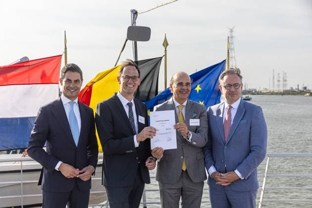 Netherlands Prime Minister Rob Jetten, Executive Director Tennet Nederland, Jan-Paul Dijckmans, Elia Group CEO Bernard Gustin and Belgium s Prime Minister Bart De Wever pictured during the launch of the Brabo project and the signing of a cooperation agreement between Elia and TenneT, who both operate the electricity transmission network in Belgian and in the Netherlands, Tuesday 04 August 2026.  JAMESxARTHURxGEKIERE 182726161