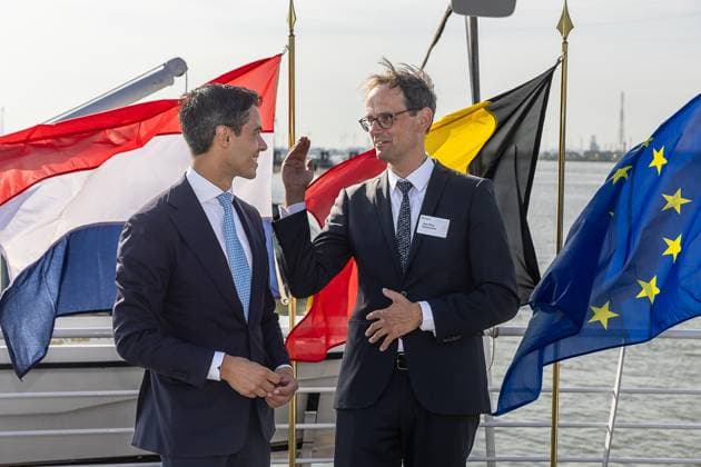 Netherlands Prime Minister Rob Jetten and Executive Director Tennet Nederland, Jan-Paul Dijckmans pictured during the launch of the Brabo project and the signing of a cooperation agreement between Elia and TenneT, who both operate the electricity transmission network in Belgian and in the Netherlands, Tuesday 04 August 2026.  JAMESxARTHURxGEKIERE 182726259