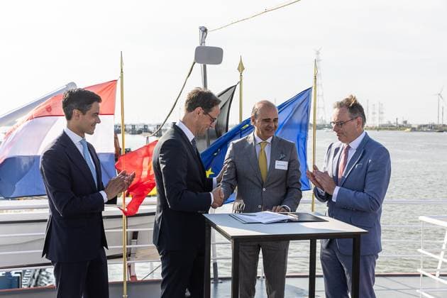 Netherlands Prime Minister Rob Jetten, Executive Director Tennet Nederland, Jan-Paul Dijckmans, Elia Group CEO Bernard Gustin and Belgium s Prime Minister Bart De Wever pictured during the launch of the Brabo project and the signing of a cooperation agreement between Elia and TenneT, who both operate the electricity transmission network in Belgian and in the Netherlands, Tuesday 04 August 2026.  JAMESxARTHURxGEKIERE 182726268