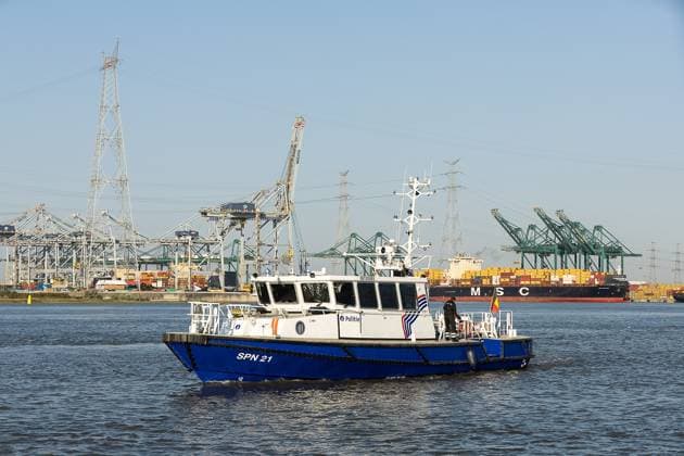 Illustration picture shows a police boat on the Schelde (Scheldt) river pictured during the launch of the Brabo project and the signing of a cooperation agreement between Elia and TenneT, who both operate the electricity transmission network in Belgian and in the Netherlands, Tuesday 04 August 2026.  JAMESxARTHURxGEKIERE 182727060