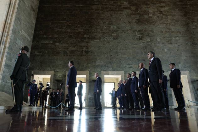 Turkish President Recep Tayyip Erdogan visits Anitkabir ANKARA, TURKIYE - AUGUST 04: (----EDITORIAL USE ONLY - MANDATORY CREDIT - TURKISH PRESIDENCY MURAT KULA HANDOUT - NO MARKETING NO ADVERTISING CAMPAIGNS - DISTRIBUTED AS A SERVICE TO CLIENTS----) Turkish President Recep Tayyip Erdogan leads members of the Supreme Military Council (YAS) during a visit to Anitkabir, the mausoleum of Turkish Republic s Founder Mustafa Kemal Ataturk, accompanied by Turkish Vice President Cevdet Yilmaz, Turkish Minister of Justice Akin Gurlek, Turkish Foreign Minister Hakan Fidan, Turkish Minister of Treasury and Finance Mehmet Simsek, Turkish Interior Minister Mustafa Ciftci, Turkish Minister of National Education Yusuf Tekin, Turkish National Defense  Copyright: x2026xAnadoluxTurkishxPresidencyx xMuratxKulax xHandoutx