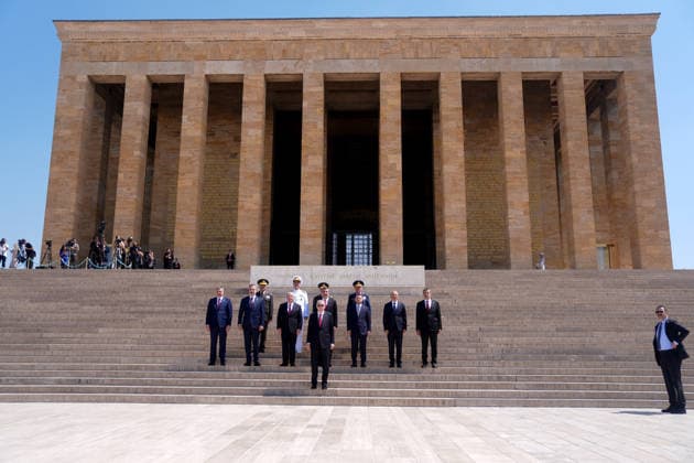 Turkish President Recep Tayyip Erdogan visits Anitkabir ANKARA, TURKIYE - AUGUST 04: Turkish President Recep Tayyip Erdogan and members of the Supreme Military Council (YAS) pose for photos during a visit to Anitkabir, accompanied by Turkish Vice President Cevdet Yilmaz, Turkish Minister of Justice Akin Gurlek, Turkish Foreign Minister Hakan Fidan, Turkish Minister of Treasury and Finance Mehmet Simsek, Turkish Interior Minister Mustafa Ciftci, Turkish Minister of National Education Yusuf Tekin, Turkish National Defense Minister Yasar Guler, Turkish Chief of General Staff Gen. Metin Gurak, Land Forces Commander General Selcuk Bayraktaroglu, Naval Forces Commander Admiral Ercument Tatlioglu, Air Force Commander General Ziya Cemal Kadioglu, a  Copyright: x2026xAnadoluxErcinxErturkx