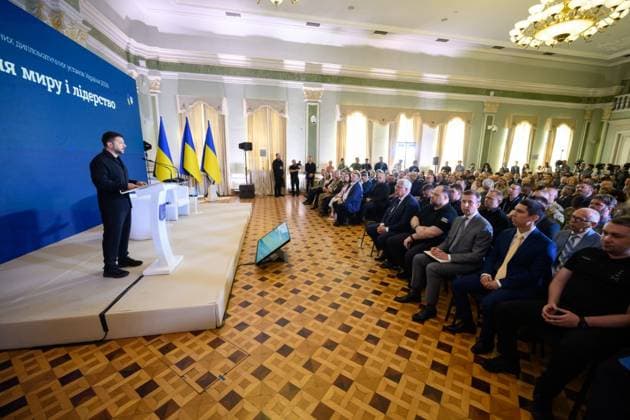 Zelenskyy attends meeting of Ukrainian diplomatic missions in Kyiv Ukrainian President Volodymyr Zelenskyy attends a meeting of heads of Ukraine s diplomatic missions abroad in Kyiv, Ukraine, on August 3, 2026. The meeting comes as Ukraine continues efforts to rally international support in its war with Russia, alongside changes introduced by Zelenskyy within the diplomatic service and state institutions. Photo by PRESIDENT OF UKRAINE apaimages Ukraine Ukraine Ukraine 030826_Ukraine_UPO_00(11).jpeg Copyright: xapaimagesxPRESIDENTxOFxUKRAINEx xapaimagesx