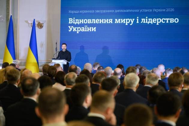 Zelenskyy attends meeting of Ukrainian diplomatic missions in Kyiv Ukrainian President Volodymyr Zelenskyy attends a meeting of heads of Ukraine s diplomatic missions abroad in Kyiv, Ukraine, on August 3, 2026. The meeting comes as Ukraine continues efforts to rally international support in its war with Russia, alongside changes introduced by Zelenskyy within the diplomatic service and state institutions. Photo by PRESIDENT OF UKRAINE apaimages Ukraine Ukraine Ukraine 030826_Ukraine_UPO_00(3).jpeg Copyright: xapaimagesxPRESIDENTxOFxUKRAINEx xapaimagesx