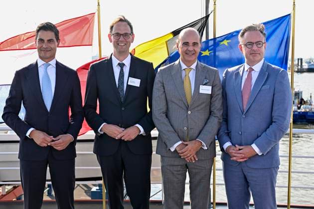 Inauguration Of The Brabo Project LILLO, BELGIUM - AUGUST 04: Bernard Gustin CEO Elia Group, Jan-Paul Dijckmans Executive Director TenneT, Belgian Prime Minister Bart De Wever and Dutch Minister-President Rob Jetten are present at the Launch of the Brabo project and signing of a cooperation agreement between Elia and TenneT .At the Port of Antwerp, Elia and TenneT are celebrating the successful completion of the Brabo project, one of the most significant investments in Belgium s high-voltage grid over the past decade. ..(LUH)..on August 04, 2026 in Lillo, Belgium, 04 08 2026 Lillo Belgium  Copyright: xBertxVanxDenxBrouckex