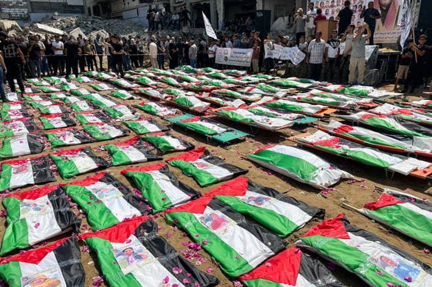 PALESTINIAN TERRITORIES, GAZA - AUGUST 4, 2026: A mass reburial of the remains of 112 Palestinians from the al-Hasayna and Abu Sharia families who were killed in 2023 Israeli military strikes. Hassan Alzaanin TASS  95785443