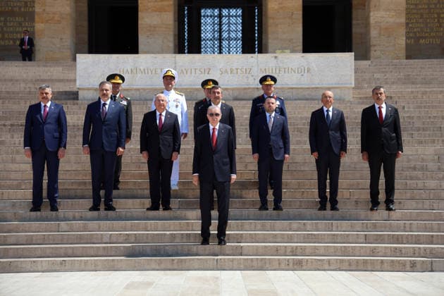 (260804) -- ANKARA, Aug. 4, 2026 -- Turkish President Recep Tayyip Erdogan (front) and members of the Supreme Military Council pose for a photo during their visit to Anitkabir, the mausoleum of Turkish Republic s founder Mustafa Kemal Ataturk, in Ankara, T¨¹rkiye, on Aug. 4, 2026. ( Handout via Xinhua) T?RKIYE-ANKARA-ERDOGAN-ANITKABIR-VISIT MustafaxKaya 