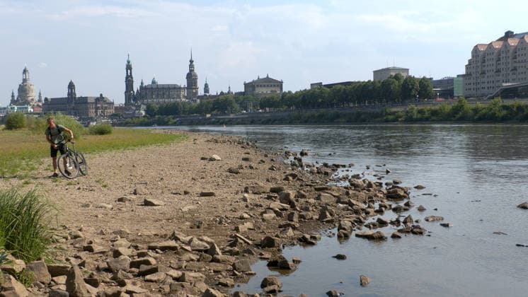 Die Pegel sinken weiter. Anhaltende Trockenheit verschärft das Niedrigwasser an den deutschen Flüssen weiter. Betroffen ist auch die Elbe bei Dresden. In Dresden zeigte die Pegelanzeige am Dienstagnachmittag nur noch 40 cm an. Die Dampfschifffahrt steht fast komplett still und sitzt auf dem Trockenen. Einheimische gehen mitten in der Elbe, auf kleinen Inseln, baden. Dort, wo eigentlich die Elbe entlang fließt, ist mittlerweile viel Wildwuchs entstanden. Und auch aus Tschechien kommt kaum Wasser nach. Die Situation wird mit Tag zu Tag immer dramatischer. Dresden Sachsen Deutschland *** Water levels continue to drop. Persistent drought is further exacerbating low water levels in German rivers. The Elbe near Dresden is also affected. In Dr