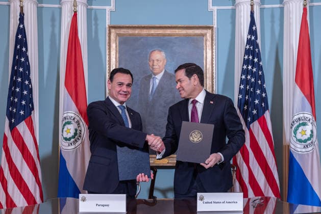 US Secretary of State Marco Rubio and Paraguayan Foreign Minister sign civil nuclear MOU WASHINGTON, D.C., UNITED STATES - AUGUST 04: U.S. Secretary of State Marco Rubio (R) and Paraguayan Foreign Minister Ruben Ramírez Lezcano (L) shake hands after signing a Memorandum of Understanding (MOU) on Strategic Civil Nuclear Cooperation in the Treaty Room at the U.S. Department of State in Washington, D.C., on August 4, 2026. Mehmet Eser Anadolu Washington United States. Editorial use only. Please get in touch for any other usage.  Copyright: x2026xAnadoluxMehmetxEserx