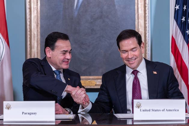 US Secretary of State Marco Rubio and Paraguayan Foreign Minister sign civil nuclear MOU WASHINGTON, D.C., UNITED STATES - AUGUST 04: U.S. Secretary of State Marco Rubio (R) and Paraguayan Foreign Minister Ruben Ramírez Lezcano (L) shake hands before signing a Memorandum of Understanding (MOU) on Strategic Civil Nuclear Cooperation in the Treaty Room at the U.S. Department of State in Washington, D.C., on August 4, 2026. Mehmet Eser Anadolu Washington United States. Editorial use only. Please get in touch for any other usage.  Copyright: x2026xAnadoluxMehmetxEserx