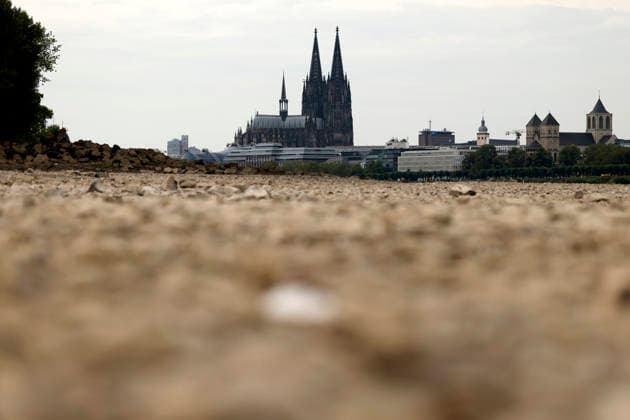 Der Dom ragt über ausgetrocknetes Flussbett. Der Rheinpegel ist in Köln und Bonn auf einem Rekordtief. Viele Rheinwiesen sind verdorrt und versteppt und der sonst so stolze Fluss hat sich tief in sein Bett zurückgezogen, gibt den Blick auf trockene Ufer frei. Der Pegel lag am Wochenende mit 67 cm so tief wie noch nie seit der Messung. (Themenbild, Symbolbild) Köln, 29.07.2026 NRW Deutschland *** The cathedral towers over the dried-up riverbed. The Rhine’s water level in Cologne and Bonn is at a record low. Many of the Rhine’s meadows have withered and turned into steppe, and the river—usually so mighty—has receded deep into its bed, revealing dry banks. At 67 cm, the water level over the weekend was lower than ever before since records Copyright: xChristophxHardtx