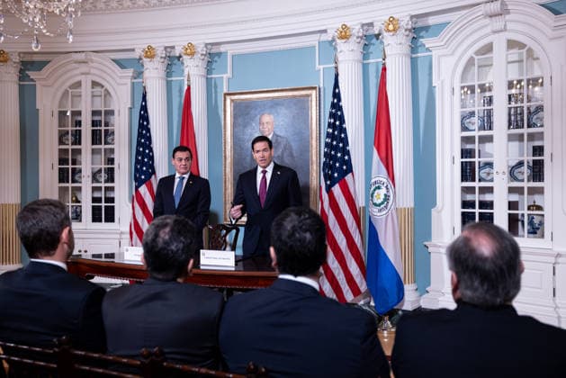 US Secretary of State Marco Rubio and Paraguayan Foreign Minister sign civil nuclear MOU WASHINGTON, D.C., UNITED STATES - AUGUST 04: U.S. Secretary of State Marco Rubio (R) speaks after signing a Memorandum of Understanding (MOU) on Strategic Civil Nuclear Cooperation with Paraguayan Foreign Minister Ruben Ramírez Lezcano (L) in the Treaty Room at the U.S. Department of State in Washington, D.C., on August 4, 2026. Mehmet Eser Anadolu Washington United States. Editorial use only. Please get in touch for any other usage.  Copyright: x2026xAnadoluxMehmetxEserx