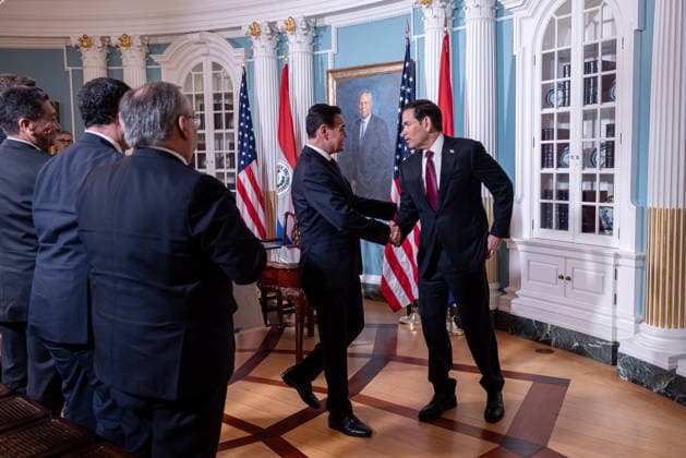 US Secretary of State Marco Rubio and Paraguayan Foreign Minister sign civil nuclear MOU WASHINGTON, D.C., UNITED STATES - AUGUST 04: U.S. Secretary of State Marco Rubio (R) and Paraguayan Foreign Minister Ruben Ramírez Lezcano shake hands after signing a Memorandum of Understanding (MOU) on Strategic Civil Nuclear Cooperation in the Treaty Room at the US Department of State in Washington, D.C., on August 4, 2026. Mehmet Eser Anadolu Washington United States. Editorial use only. Please get in touch for any other usage.  Copyright: x2026xAnadoluxMehmetxEserx