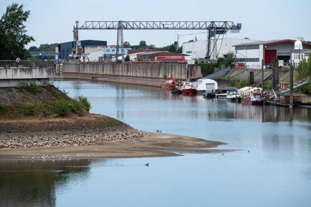 Historisches Niedrigwasser im Rhein, die Wasserschutzpolizei Duesseldorf meldet mit 23cm den niedrigsten in Duesseldorf gemessenen Rheinpegel, Der niedrige Wasserstand hat eine Landzunge sichtbar werden lassen, im Hintergrund die Einfahrt zu den Hafenbecken, Duesseldorf, 04.08.2026 *** Historically low water levels on the Rhine; the Düsseldorf Water Police report that the Rhine’s water level in Düsseldorf has reached 23 cm, the lowest ever recorded there. The low water level has exposed a sandbar; in the background is the entrance to the harbor basins, Düsseldorf, August 4, 2026