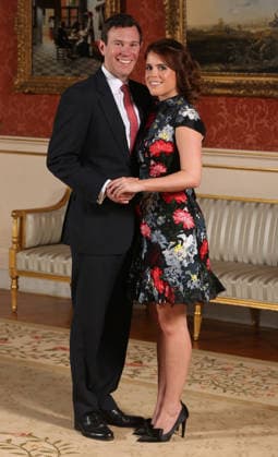 Princess Eugenie and Jack Brooksbank engaged Princess Eugenie and Jack Brooksbank in the Picture Gallery at Buckingham Palace in London after they announced their engagement. Princess Eugenie wears a dress by Erdem, shoes by Jimmy Choo and a ring containing a padparadscha sapphire surrounded by diamonds. They are to marry at St Georges Chapel in Windsor Castle in the autumn this year., Credit:PA ROTA - B68 Avalon UK  Copyright: xPAxROTAx-xB68x xAvalonx 0518296743