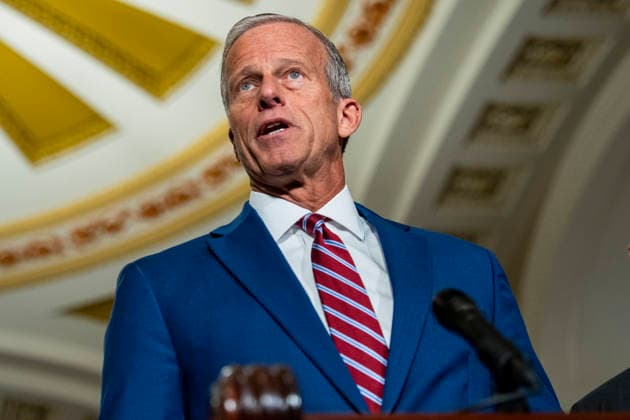 Senate Majority Leader John Thune, R-SD, speaks during a press conference after weekly Senate caucus luncheons at the U.S. Capitol in Washington, DC on Tuesday, August 4, 2026. With August recess approaching, Senate Republicans are looking to confirm Acting Attorney General Todd Blanche as Attorney General and pass a budget bill to prevent a shutdown before the midterms.  WAP20260804343 BONNIExCASH