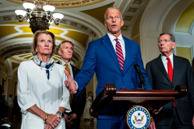 Senate Majority Leader John Thune, R-SD, speaks during a press conference with other Senate Republicans after weekly caucus luncheons at the U.S. Capitol in Washington, DC on Tuesday, August 4, 2026. With August recess approaching, Senate Republicans are looking to confirm Acting Attorney General Todd Blanche as Attorney General and pass a budget bill to prevent a shutdown before the midterms.  WAP20260804346 BONNIExCASH