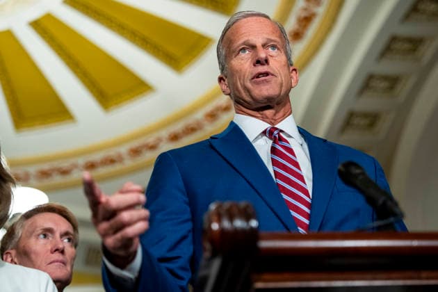 Senate Majority Leader John Thune, R-SD, speaks during a press conference after weekly Senate caucus luncheons at the U.S. Capitol in Washington, DC on Tuesday, August 4, 2026. With August recess approaching, Senate Republicans are looking to confirm Acting Attorney General Todd Blanche as Attorney General and pass a budget bill to prevent a shutdown before the midterms.  WAP20260804350 BONNIExCASH