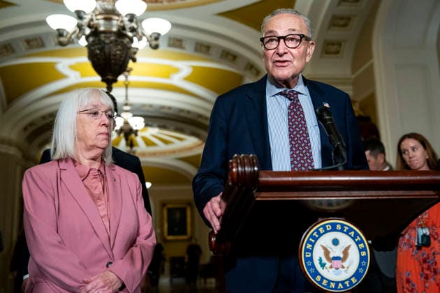 Sen. Patty Murray, D-WA, looks on as Senate Minority Leader Chuck Schumer, D-NY, speaks during a press conference after weekly Senate caucus luncheons at the U.S. Capitol in Washington, DC on Tuesday, August 4, 2026. With August recess approaching, Senate Democrats are looking to pass a budget bill to prevent a shutdown before the midterms.  WAP20260804363 BONNIExCASH