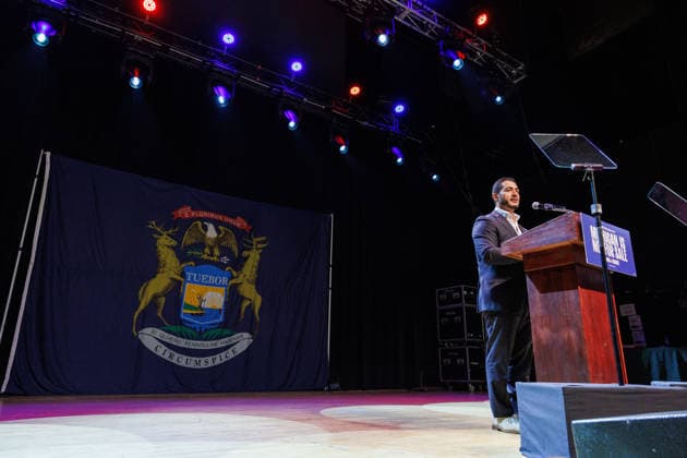 August 5, 2026, Detroit, Michigan, USA: Former Wayne County Health Director Abdul El-Sayed speaks at an election night watch party in Detroit, Mich., on Aug. 4, 2026. The Democratic primary for U.S. Senate was too close to call at the time he spoke. Detroit USA - ZUMAr192 20260805_znp_r192_003 Copyright: xAndrewxRothx