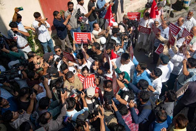 August 5, 2026, Srinagar, Jammu And Kashmir, India: Police stopped National Conference leaders and supporters as they marched during a protest against the abrogation of Article 370 and Article 35A which provided a special status to Jammu and Kashmir and against the downgrading from a state to a Union territory at NC party headquarters in Srinagar. Today marks the seventh anniversary of the abrogation of Article 370. On August 5, 2019, the Government of India revokes Article 370 of the Constitution, which grants special status to Jammu and Kashmir, and bifurcates the state into two union territories--Jammu and Kashmir, and Ladakh. Srinagar India - ZUMAz120 20260805_zip_z120_021 Copyright: xBasitxZargarx
