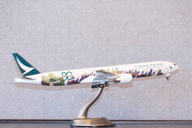 HONG KONG-BUSINESS CATHAY-RESULTS A scale model of a Cathay Pacific Boeing 777-300ER aircraft, registered as B-KQU and featuring the WestHK livery, is seen on display at the venue of the Cathay Group 2026 interim results announcement press briefing on August 5, 2026 in Hong Kong. (Photo by Kevin Li TMHK via Nexpher Images) Hong Kong