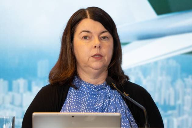 HONG KONG-BUSINESS CATHAY-RESULTS Cathay Group Chief Financial Officer Rebecca Sharpe speaks to the media during the 2026 interim results announcement press briefing on August 5, 2026 in Hong Kong. (Photo by Kevin Li TMHK via Nexpher Images) Hong Kong