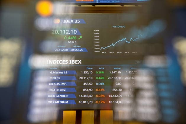 The Ibex 35 Sets an All-Time High, Surpassing 20,000 Points A screen displaying Ibex data at the Madrid Stock Exchange, on August 5, 2026, in Madrid, Spain. The Ibex 35 surpassed the 20,000-point mark for the first time in its history at the opening of Wednesday’s trading session, representing a 0.21% increase and an all-time high for the Spanish index STOCK MARKET FINANCE ECONOMY FINANCIAL MARKETS STOCKS Madrid Madrid, Spain  Copyright: xRicardoxRubiox 7702492