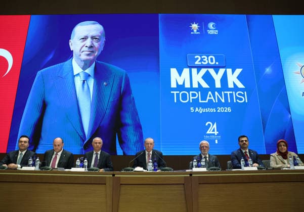 AK Party s Central Decision and Executive Board meeting in Ankara ANKARA, TURKIYE - AUGUST 05: (----EDITORIAL USE ONLY - MANDATORY CREDIT - TURKISH PRESIDENCY MURAT KULA HANDOUT - NO MARKETING NO ADVERTISING CAMPAIGNS - DISTRIBUTED AS A SERVICE TO CLIENTS----) Turkish President and Chairman of the Justice and Development (AK) Party Recep Tayyip Erdogan chairs a meeting of the party s Central Decision and Executive Board (MKYK) at the AK Party Headquarters in Ankara, Turkiye, on August 5, 2026. Turkish Presidency Murat Kula Anadolu Ankara Turkey. Editorial use only. Please get in touch for any other usage.  Copyright: x2026xAnadoluxTurkishxPresidency MuratxKulax