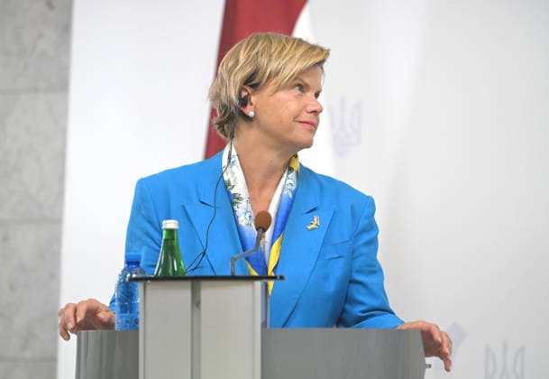Minister of Foreign Affairs of the Republic of Latvia Baiba Braze, who is in Kyiv on a two-day visit, attends a joint news conference with Acting Minister of Foreign Affairs of Ukraine Andrii Sybiha following their negotiations, Kyiv, Ukraine, August 5, 2026. During the meeting, the sides discussed military support, Ukraine’s European integration, the expansion of logistical routes, and holding the Russian Federation accountable for war crimes. (Photo by Yevhen Kotenko Ukrinform) News conference of Ukrainian, Latvian FMs in Kyiv  Copyright: xYevhenxKotenkox