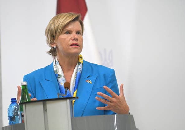 Minister of Foreign Affairs of the Republic of Latvia Baiba Braze, who is in Kyiv on a two-day visit, attends a joint news conference with Acting Minister of Foreign Affairs of Ukraine Andrii Sybiha following their negotiations, Kyiv, Ukraine, August 5, 2026. During the meeting, the sides discussed military support, Ukraine’s European integration, the expansion of logistical routes, and holding the Russian Federation accountable for war crimes. (Photo by Yevhen Kotenko Ukrinform) News conference of Ukrainian, Latvian FMs in Kyiv  Copyright: xYevhenxKotenkox