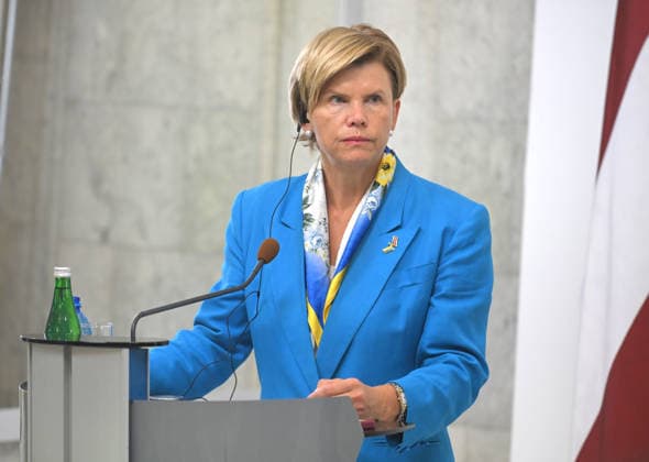 Minister of Foreign Affairs of the Republic of Latvia Baiba Braze, who is in Kyiv on a two-day visit, attends a joint news conference with Acting Minister of Foreign Affairs of Ukraine Andrii Sybiha following their negotiations, Kyiv, Ukraine, August 5, 2026. During the meeting, the sides discussed military support, Ukraine’s European integration, the expansion of logistical routes, and holding the Russian Federation accountable for war crimes. (Photo by Yevhen Kotenko Ukrinform) News conference of Ukrainian, Latvian FMs in Kyiv  Copyright: xYevhenxKotenkox