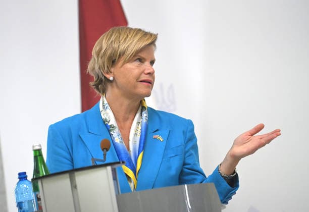 Minister of Foreign Affairs of the Republic of Latvia Baiba Braze, who is in Kyiv on a two-day visit, attends a joint news conference with Acting Minister of Foreign Affairs of Ukraine Andrii Sybiha following their negotiations, Kyiv, Ukraine, August 5, 2026. During the meeting, the sides discussed military support, Ukraine’s European integration, the expansion of logistical routes, and holding the Russian Federation accountable for war crimes. (Photo by Yevhen Kotenko Ukrinform) News conference of Ukrainian, Latvian FMs in Kyiv  Copyright: xYevhenxKotenkox