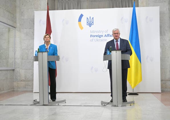 Minister of Foreign Affairs of the Republic of Latvia Baiba Braze and Acting Minister of Foreign Affairs of Ukraine Andrii Sybiha hold a joint news conference following their negotiations, Kyiv, Ukraine, August 5, 2026. During the meeting, the sides discussed military support, Ukraine’s European integration, the expansion of logistical routes, and holding the Russian Federation accountable for war crimes. (Photo by Yevhen Kotenko Ukrinform) News conference of Ukrainian, Latvian FMs in Kyiv  Copyright: xYevhenxKotenkox